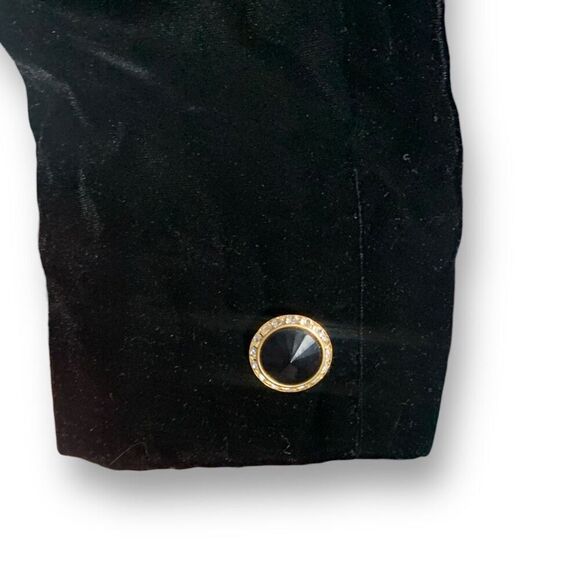 Vintage 90s Black Velvet Cropped Collarless Blazer Jacket Gold Button Elegant 8 - Picture 3 of 8